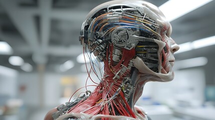 Poster - Zoomed in View of a Cyborg s Futuristic Mechanical Neck Anatomy Showcasing Exposed Fiber Optic Nerves and Articulated Mechanical Vertebrae