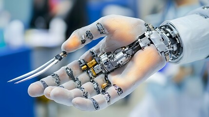 Fototapete - Zoomed in view of a cyborg s hand with extendable metallic claws sliding out from underneath the synthetic skin showcasing advanced cybernetic augmentation and futuristic technology