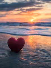 Wall Mural - Romantic Heart Shaped Stone on Beach at Sunset with Waves and Vibrant Sky : Generative AI