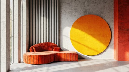 Poster - Modern Interior Design with Orange Sofa and Circular Wall Art