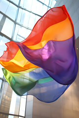 Poster - Vibrant Rainbow Fabric Flowing Inside a Modern Gallery Space : Generative AI