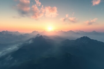 Poster - Timelapse aerial view of sunrise over mountain landscape revealing beauty of nature, Time-lapse aerial view of the sun slowly rising, spring breeze blowing over the mountains