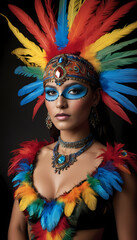 Wall Mural - Colorful cultural celebration with a woman in vibrant feathers and makeup appearing against a dark background. Generative AI