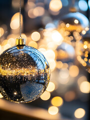 Aufkleber - Sparkling silver Christmas bauble with warm bokeh lights perfect for festive holiday decorations. : Generative AI