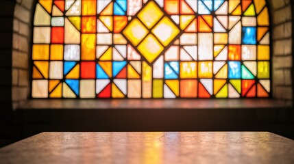 Poster - Church interior with stained glass windows Concept, Detailed Geometric Stained Glass Window with Vibrant Patterns Illuminating Light in an Architectural Space