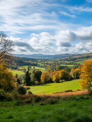 Poster - Scenic Autumn Landscape with Lush Green Fields and Rolling Hills : Generative AI
