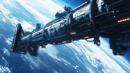 Wall Mural - Futuristic Spacecraft Orbiting Earth in a Thriving Cosmic Environment of Stars and Planets