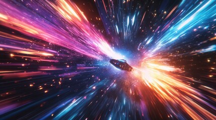 Wall Mural - Cosmic Journey Through Colorful Space with Dynamic Light Trails and a Starship Effect