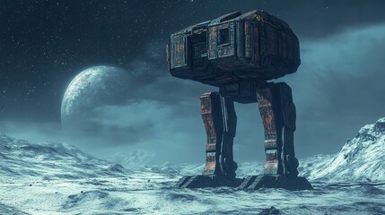 Wall Mural - Futuristic Mobile Structure on Icy Planet Surrounded by Stars and Celestial Bodies at Night