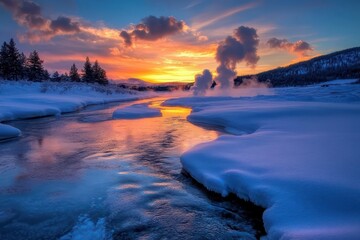 Poster - Winter river reflecting sunset colors with steam rising over icy waters, steam in sunset colors over a winter river