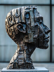 Poster - Intricate Bronze Sculpture of a Human Head with Textured Patterns : Generative AI