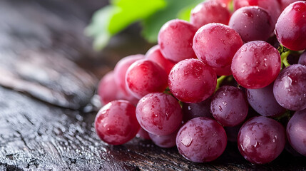 Poster - Cluster of Fresh Grapes with Water Droplets on Rustic Wooden Surface : Generative AI