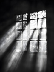 Poster - Mystical Sun Rays Streaming Through Grid Window in Vintage Black and White : Generative AI