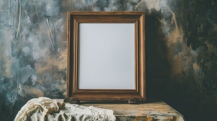 Poster - Rustic Wooden Frame on Table with Blank Canvas for Art or Photography Display