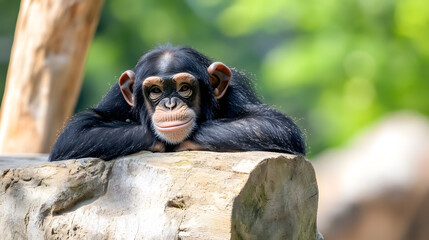 Poster - Adorable Young Chimpanzee Resting on a Rock in Natural Habitat with Green Background : Generative AI