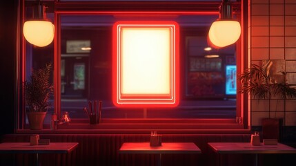 Poster - Cozy Urban Cafe with Neon Light and Empty Blank Frame at Night