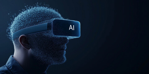 Man wearing a vr headset with ai text on the screen in dark background