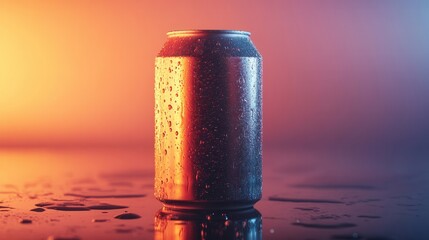 Poster - Close-up of a Metallic Getränkebehälter with Drops of Water Against a Gradient Background