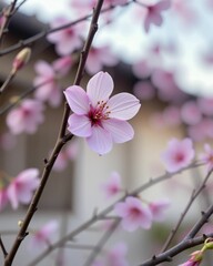 Wall Mural - A delicate pink flower blooming amidst soft blossoms, highlighting nature's beauty and tranquility in a serene outdoor setting.