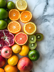 Poster - Colorful Assortment of Fresh Sliced Citrus and Tropical Fruits on Marble Background : Generative AI