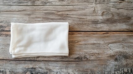 Poster - White Fabric Cloth Folded on Rustic Wooden Table Surface for Interior Design Projects