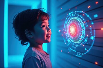Poster - Child is looking at glowing object in dark