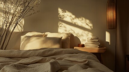 Poster - Cozy Minimalist Bedroom with Soft Textiles and Natural Light Creating a Serene Atmosphere