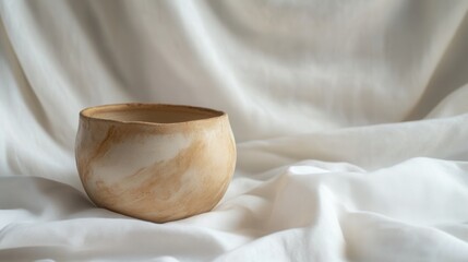 Poster - Rustic clay bowl on soft fabric background showcasing artisanal craftsmanship and natural beauty