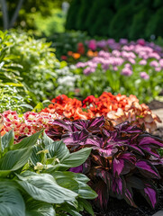 Poster - Vibrant Garden with Abundant Colorful Blossoms and Lush Greenery in Sunlight : Generative AI