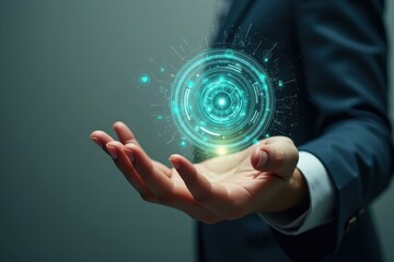 Poster - Man in suit is holding glowing object in his hands