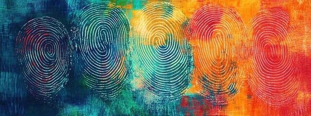 Poster - Abstract Artistic Representation of Colorful Fingerprints with Vibrant Background Patterns