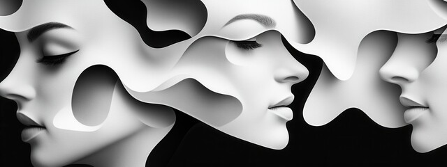 Poster - Abstract Composition of Stylized Faces with Flowing Shapes in Black and White Artistry