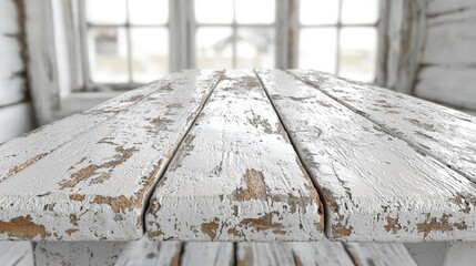 Poster - Rustic wooden table with natural texture and sunlight streaming through a window in the background