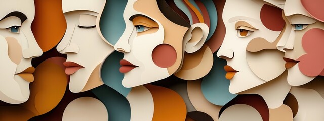Poster - Abstract Art Illustration of Diverse Female Faces in Vibrant Colors and Unique Expressions