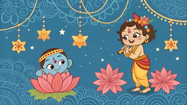 Krishna with flute on Happy Janmashtami background