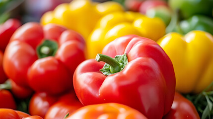 Poster - Fresh Red and Yellow Bell Peppers in a Vibrant Farmers Market Setting : Generative AI