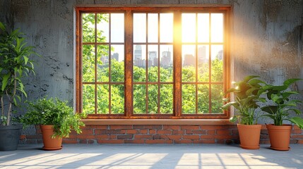 Poster - A charming window framed by lush green plants allowing natural light to illuminate the space