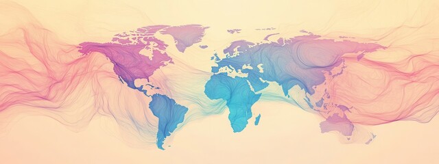Poster - Colorful Abstract World Map with Flowing Waves in Purple, Pink, and Blue Tones