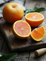 Aufkleber - Fresh Whole and Halved Oranges on Wooden Cutting Board Fruit Healthy Lifestyle : Generative AI