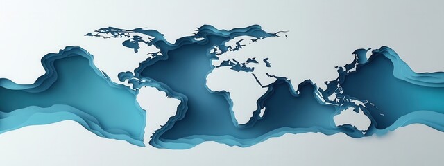 Poster - Abstract Design of World Map with Layered Ocean Waves and Soft Blue Tones