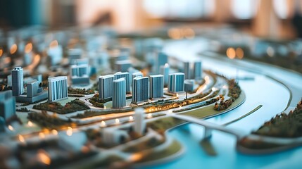 A detailed miniature city model showcasing modern architecture along a river, with blurred urban background