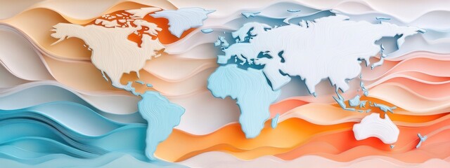 Poster - Abstract Colorful World Map Design with Layered Waves in Modern Art Style