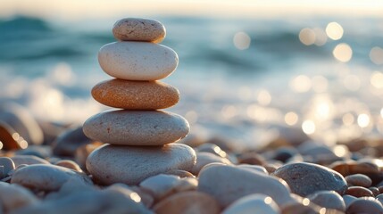 Poster - Tranquil Stone Stacking on Pebble Beach with Gentle Waves in the Background at Sunset