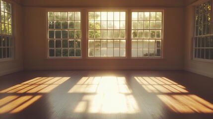 Poster - Bright and Airy Empty Room with Large Windows Illuminated by Soft Morning Light