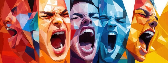 Poster - Abstract Expression of Emotion in Vibrant Geometric Faces with Different Color Schemes