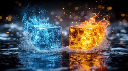 Poster - Fiery Ice Cube A Dramatic Abstract Composition Showcasing the Clashing Elements of Fire and Ice in a Captivating Visual Metaphor of Opposing Forces Transformation and Equilibrium