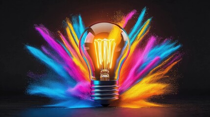 Poster - Vibrant colorful explosion of creative energy and brilliant illumination bursting forth from a glowing incandescent lightbulb symbolizing the power of ingenuity and imagination