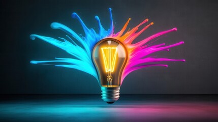 Poster - Colorful Illumination A Vibrant Representation of Creativity Innovation and Idea This image depicts a glowing light bulb surrounded by a burst of colorful rays