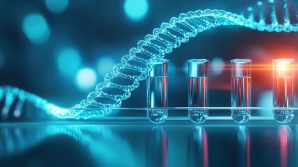 Poster - close up view of an illuminated dna molecular structure amid various scientific laboratory equipment