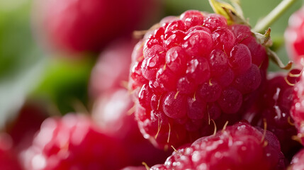 Poster - Close-up of Fresh Ripe Raspberries with Green Leaf Background : Generative AI